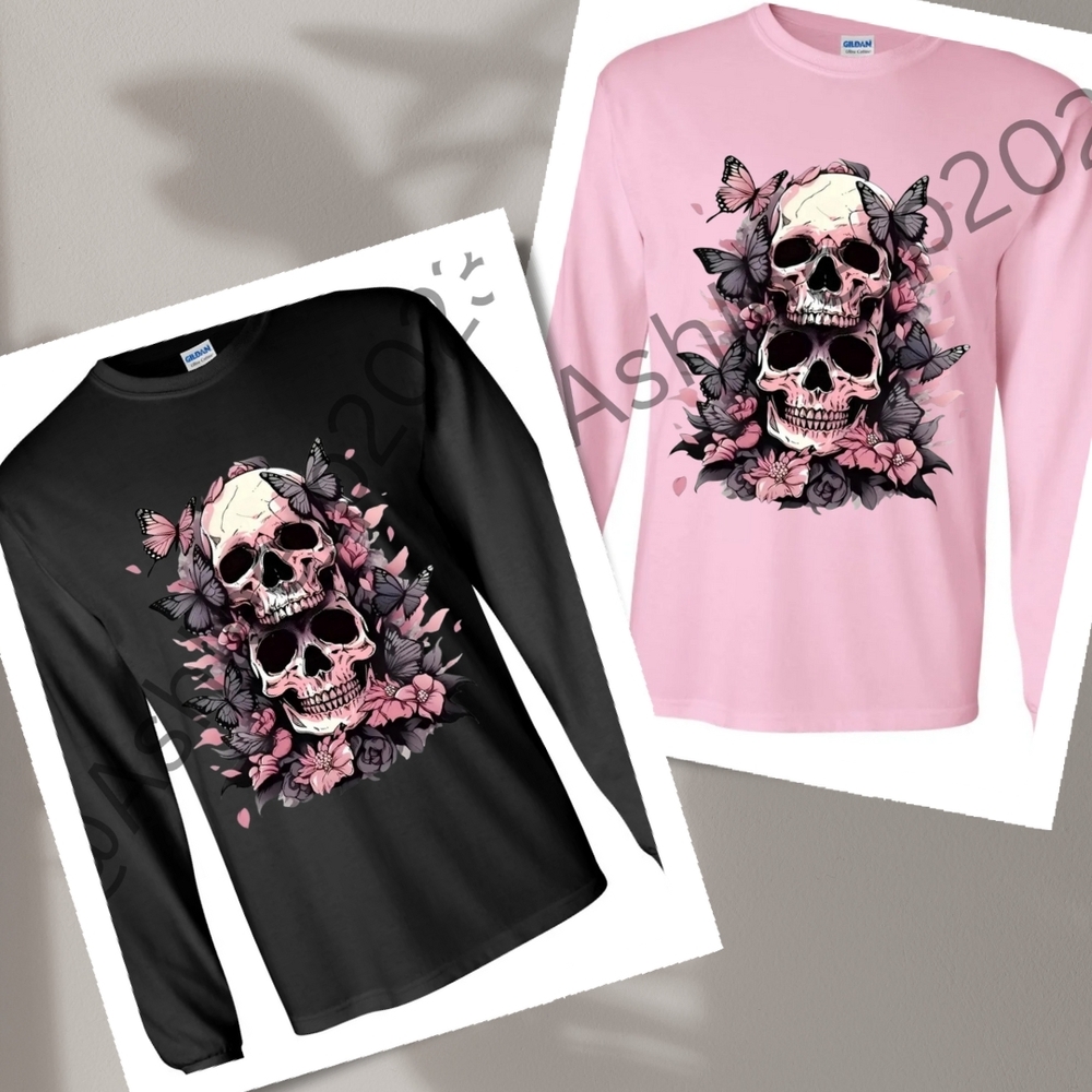 Skull With Flowers And Butterflies Long Sleeve Graphic Tee Shirt